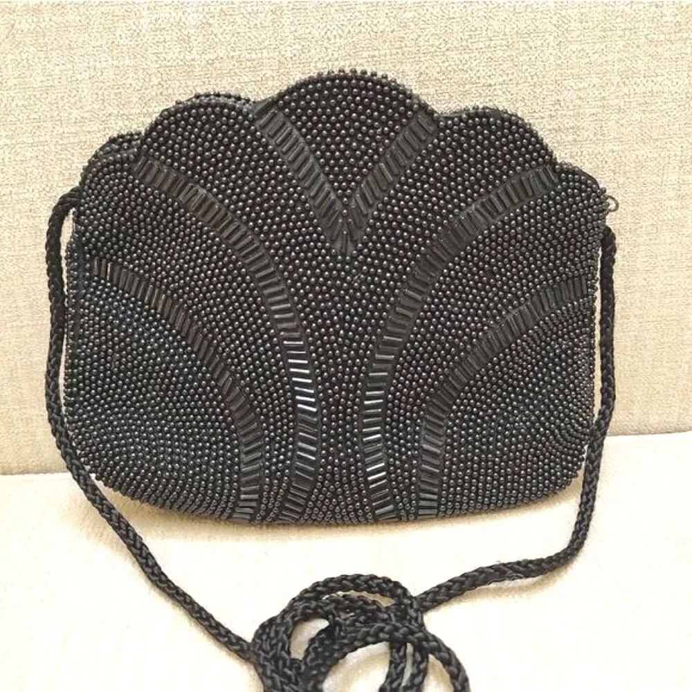 Scalloped Black Beaded Evening Shoulder Bag Formal Special Occasion